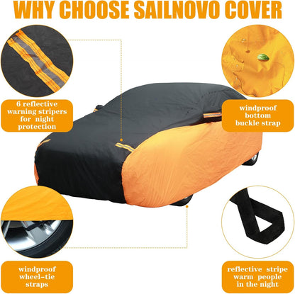 Riakrum Full Car Cover Waterproof All Weather for Automobiles Windproof Cover Rain UV Protection Sun Scratch Resistant Outdoor Universal(Fit Sedan Length (185-193'') 70'' H,Black, Orange)