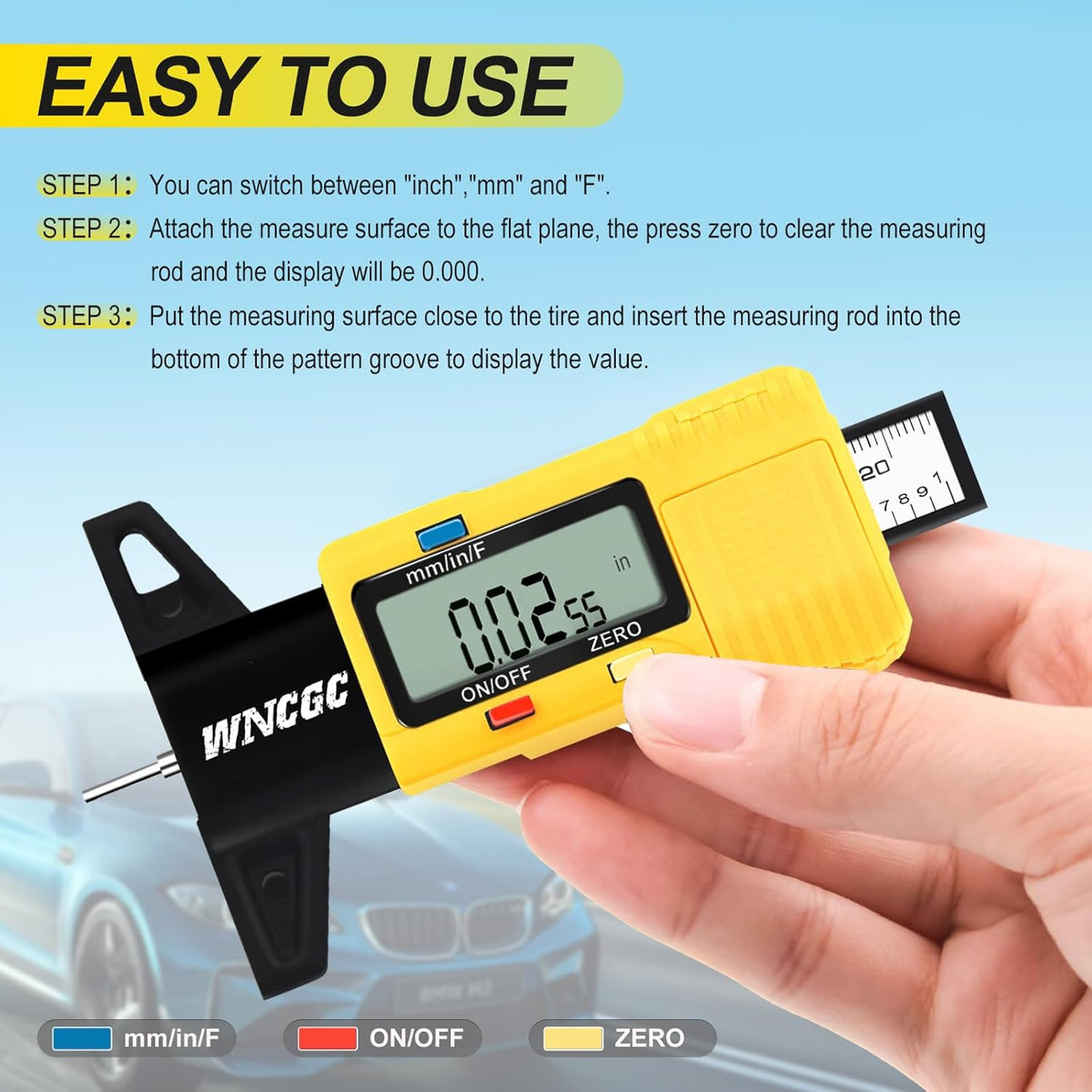 Tire Tread Depth Gauge, 3 Modes Digital Tire Depth Gauge-Fractional Inch, Decimal Inch and Millimeter for Motorcycles, Cars, Trucks, Vans, SUV - Yellow