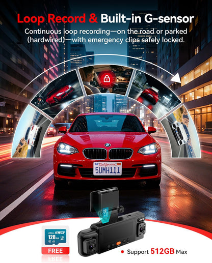 IIWEY N6 360° Dash Cam 4 Channel, 5.8G WiFi-6 (up to 20MB/s) with App, Free 128GB Card, FHD Front & Rear Inside Dash Cam for Car, 8 IR Lights Night Vision, GPS, 24/7 Parking Mode, G-Sensor