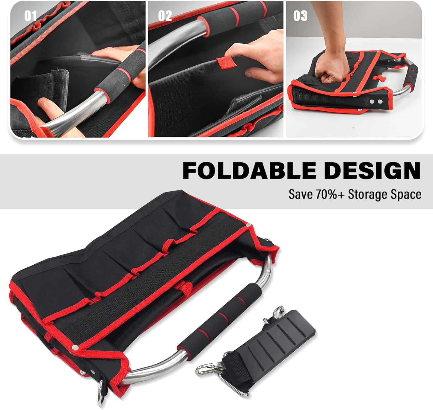 HAUTMEC 13 Inch Tool Bag, Foldable Open Top Tool Bag with Stiff Frame, Heavy-Duty Tool Tote with Padded Handle, Water-Resistant Base, Portable Tool Organizer for DIY & Jobsite Use – TB0001