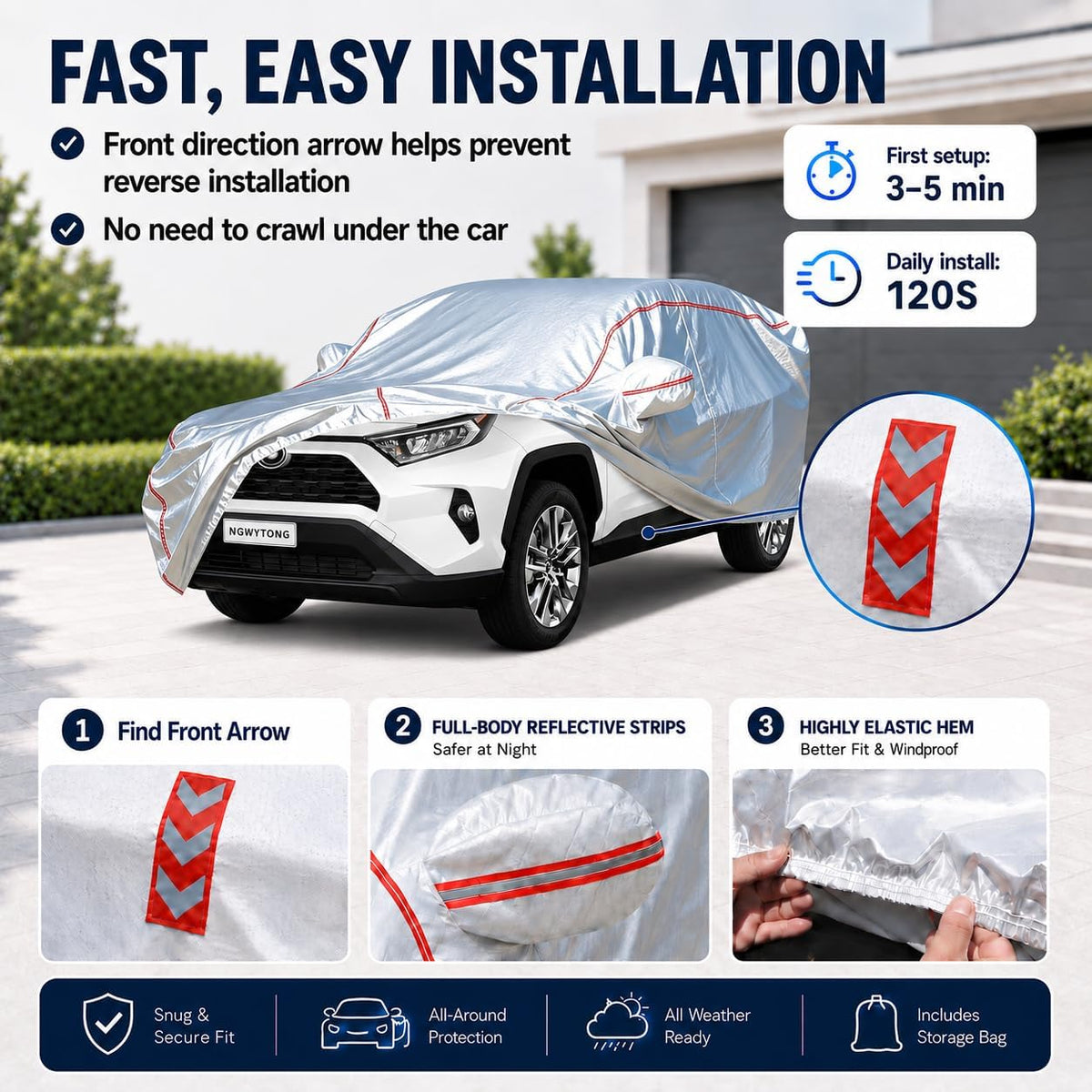 Car Cover for Sedan, Waterproof All Weather Heavy Duty, 360° Underbody Wrap Windproof Design, Quick Install Outdoor Vehicle Cover, Fits 186-193 in