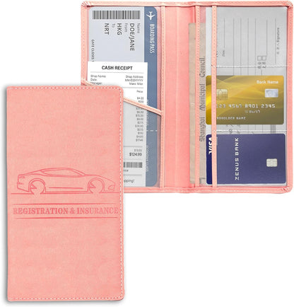 Leather Premium Car Registration & Insurance Card Holder, Vehicle Glove Box Wallet Case, for Documents, Cards, License (Blue)