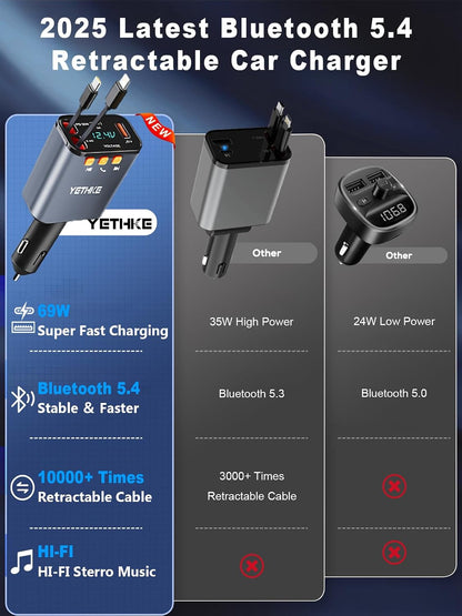 Bluetooth Car Adapter with Retractable Charger, FM Transmitter Bluetooth 5.4 for Cars, 4 in 1 Fast Car Phone Charger 69W, Handsfree Call, 2*Retractable Cable for iPhone 17/16/15/14, Galaxy-Black