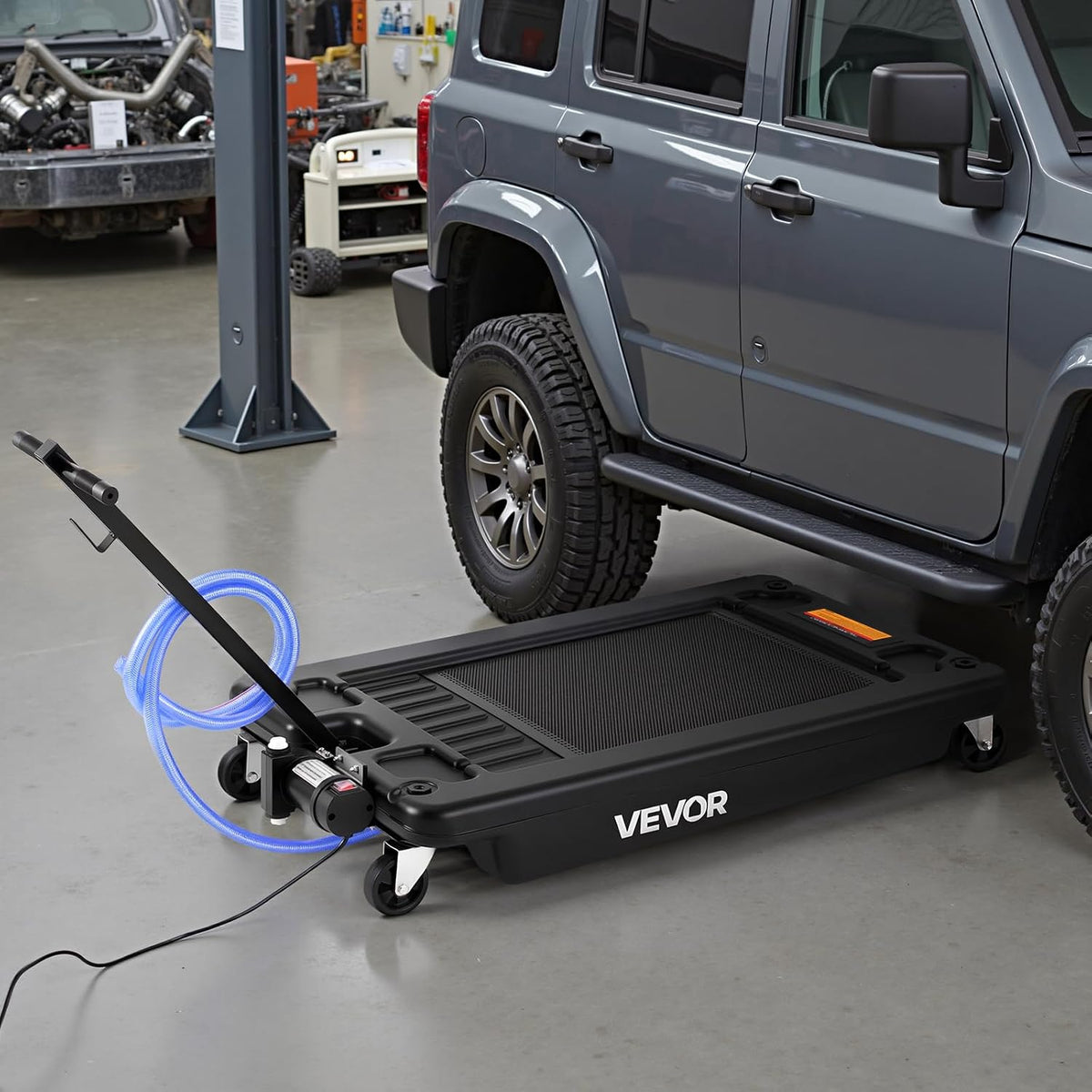 VEVOR Low Profile Oil Drain Pan, 17 Gal Capacity, Rolling Oil Drain Pan with 110V High-Flow Electric Pump, 7.2 ft Hose & T Folding Handle, Leak-proof & Corrosion-resistant, Fit for Trucks, ATVs, Black