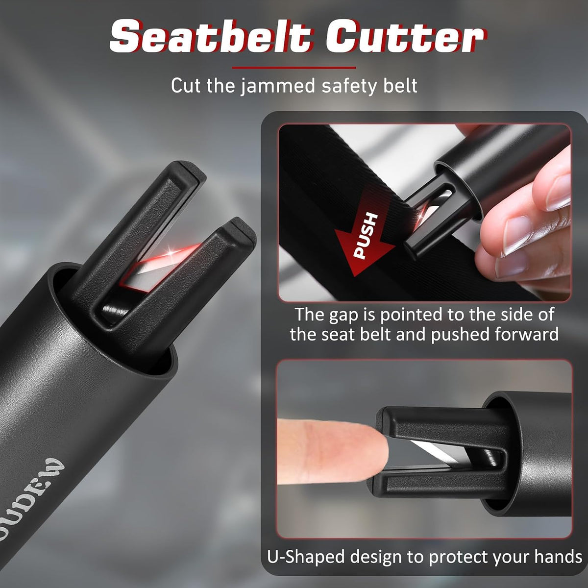 4-in-1 Car Window Breaker Seatbelt Cutter with Survival Whistle & LED Flashlight, Spring-Loaded Glass Breaker for Underwater, Portable Automotive Emergency Escape Tool, Black