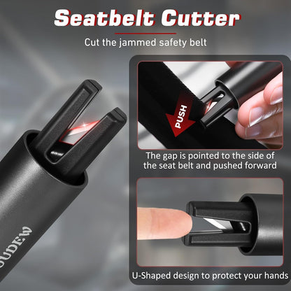 4-in-1 Car Window Breaker Seatbelt Cutter with Survival Whistle & LED Flashlight, Spring-Loaded Glass Breaker for Underwater, Portable Automotive Emergency Escape Tool, Black