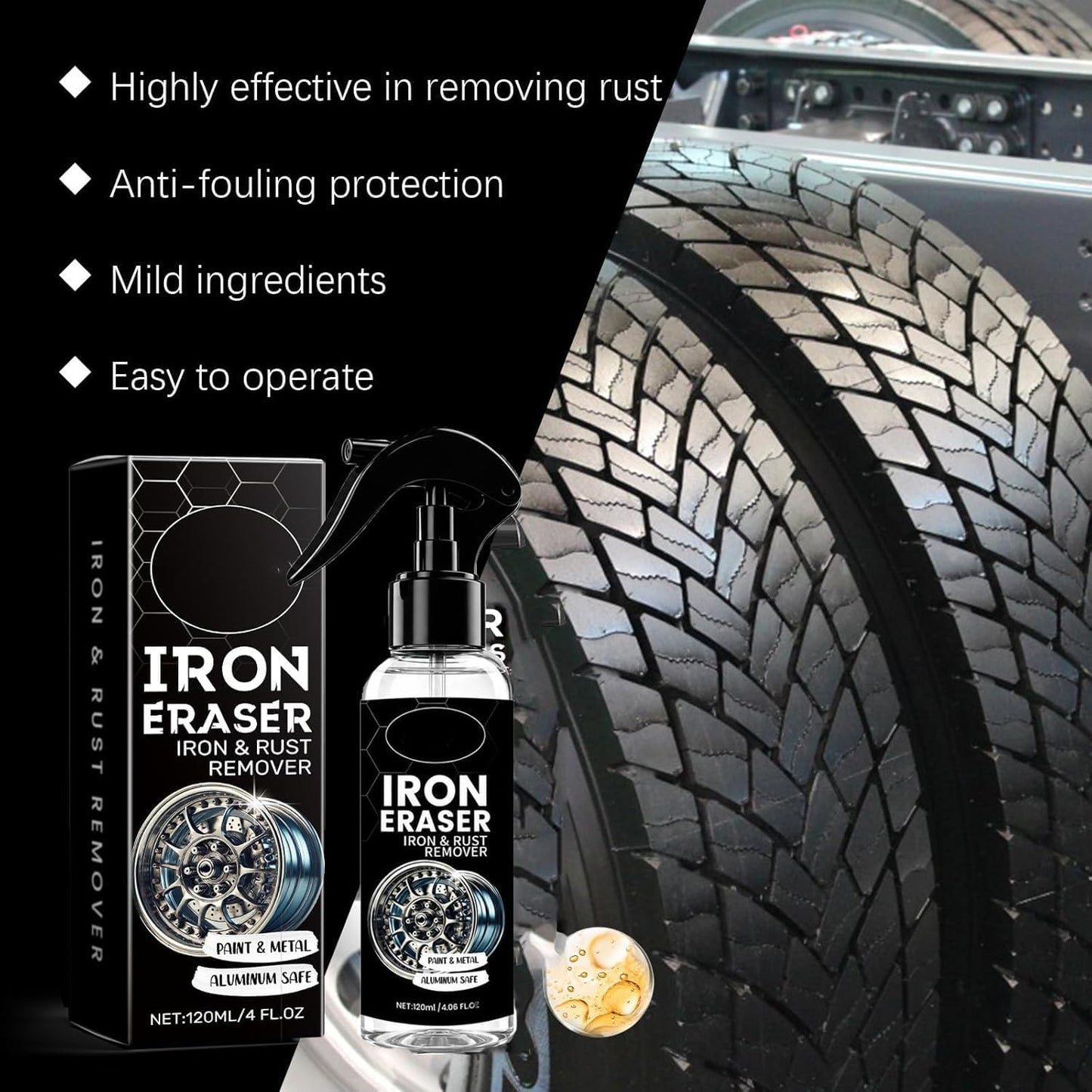 Iron Eraser Rust Remover Spray, Iron Eraser Iron and Rust Remover for Car Wheels and Paint, Fast Acting Rust and Brake Dust Remover, Professional Automotive Surface Cleaning (1PCS)