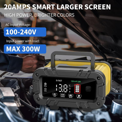 E-FAST 20A Smart Car Battery Charger, 12V 24V Maintainer & Desulfator - Compatible with LiFePO4 Lithium, AGM, Gel, SLA, Deep Cycle - High-Power Trickle Charger for Car, Truck, RV, Boat, Marine