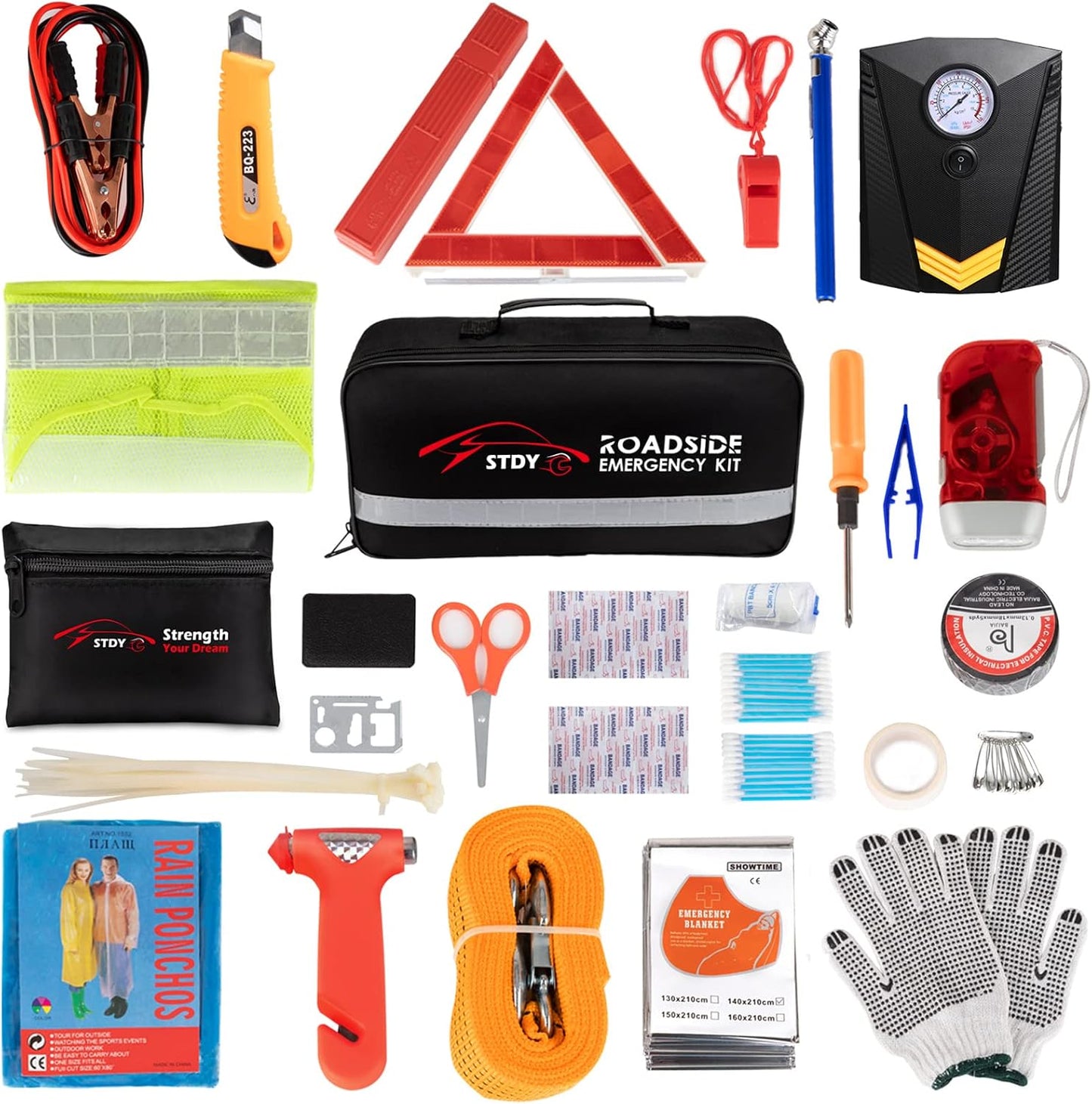 STDY Car Roadside Emergency Kit, Vehicle Truck Safety Road Side Assistance Kits Auto Accessory, with Jumper Cables, Tow Rope, Reflective Triangle, Tire Pressure Gauge, etc