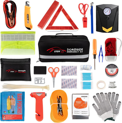STDY Car Roadside Emergency Kit, Vehicle Truck Safety Road Side Assistance Kits Auto Accessory, with Jumper Cables, Tow Rope, Reflective Triangle, Tire Pressure Gauge, etc