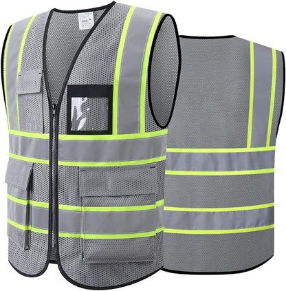 Reflective High Visibility Safety Vest for Men Women with Pockets Zipper Front Meets ANSI/ISEA Standards