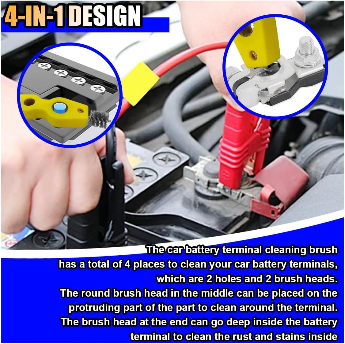4 in 1 Car Battery Terminal Cleaner, Car Battery Post Cleaner, Anti-Rust Car Battery Terminals Machine Parts Cleaning Brush, Universal Car Cleaning Tool Accessories (Yellow, 1PC)