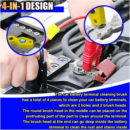 4 in 1 Car Battery Terminal Cleaner, Car Battery Post Cleaner, Anti-Rust Car Battery Terminals Machine Parts Cleaning Brush, Universal Car Cleaning Tool Accessories (Yellow, 1PC)