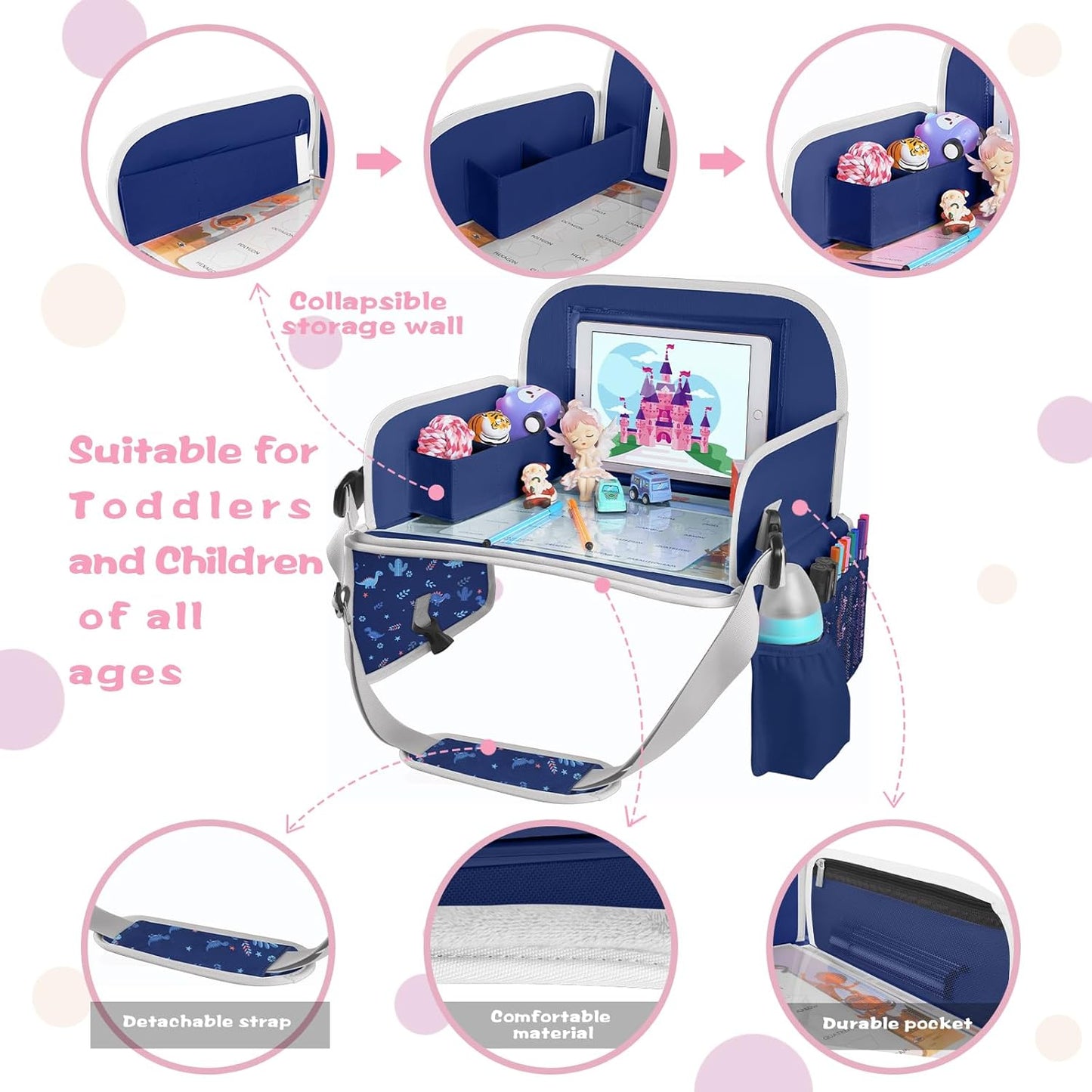 MENZOKE Kids Travel Tray for Toddler Car Seat, Road Trip Activities for Kids with iPad Holder Stand & Dry Erase Board, Road Trip Essentials Accessories Lap Tray as Travel Gifts for Kid, Pink