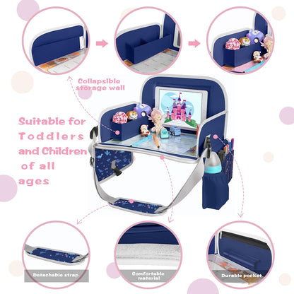 MENZOKE Kids Travel Tray for Toddler Car Seat, Road Trip Activities for Kids with iPad Holder Stand & Dry Erase Board, Road Trip Essentials Accessories Lap Tray as Travel Gifts for Kid, Pink