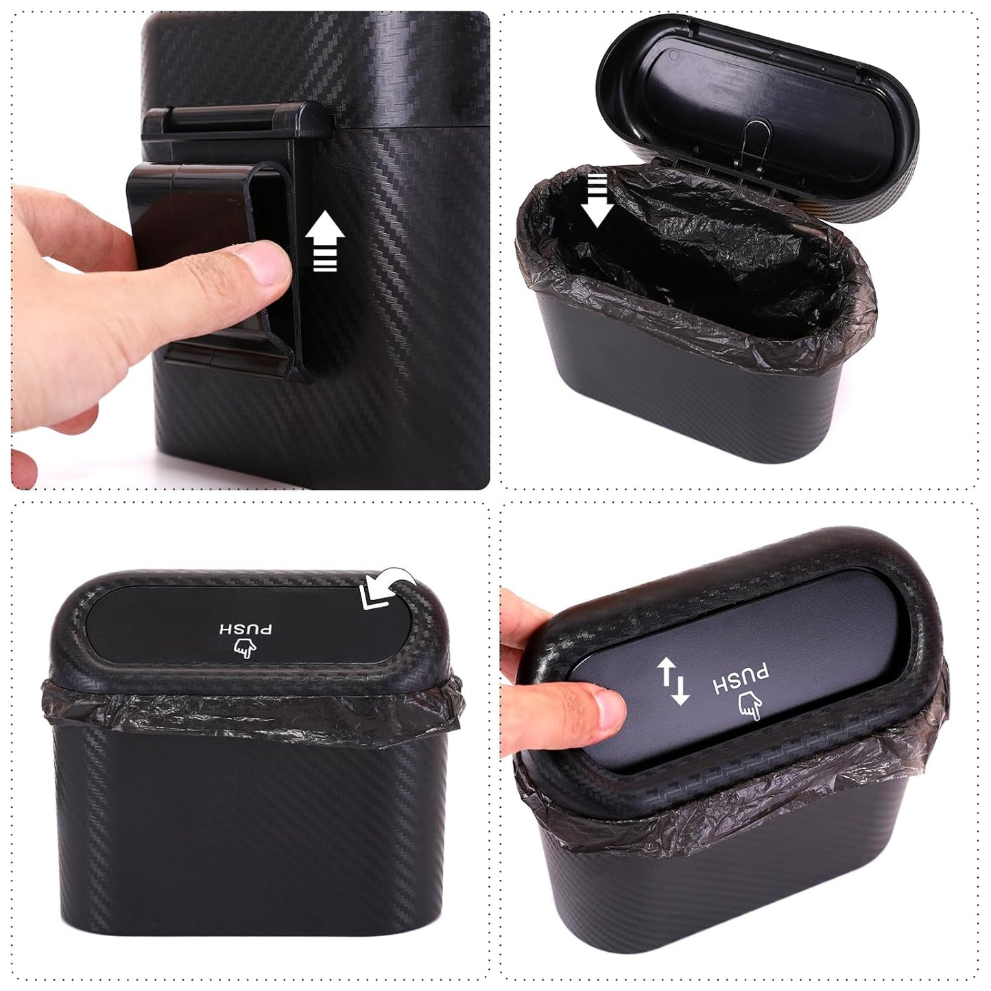 Ginsco 2 Pack Mini Car Trash Can with Lid, Small Car Garbage Can, Cute Leakproof ABS Trash Bin, Cars Accessories for Interior, Garbage Bin for Car, Home, Office with 120pcs Trash Bags Black