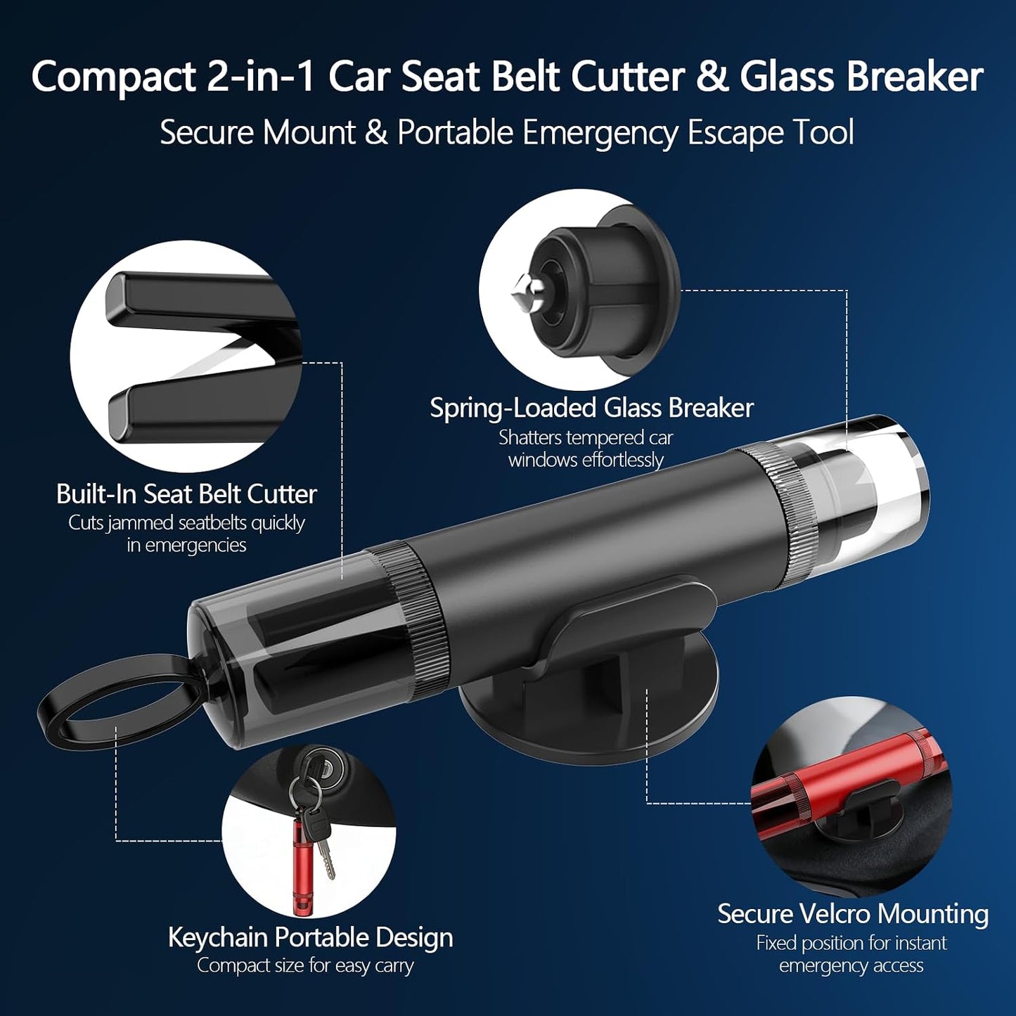 3-Pack Car Window Breaker and Seatbelt Cutter, Spring-Loaded Emergency Escape Tool, Glass Breaker for Underwater Use, 4 Car Door Shock Pads Included