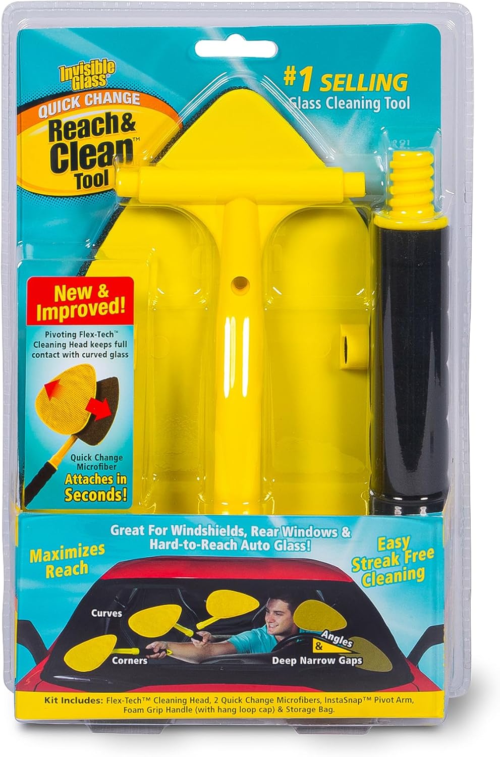 Invisible Glass 95160 Reach & Clean Windshield Cleaning Tool and Car Window Cleaner Tool for Interior and Exterior Auto Glass, Trucks, SUVs, RVs and Home Windows with 2 Microfiber Pads and Storage Bag