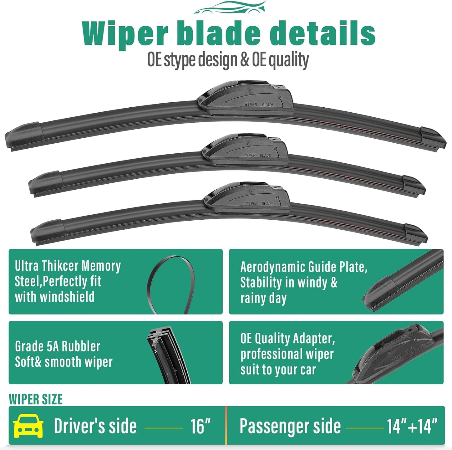 26" 16" 12" Windshield Wiper Blades Replacement for Toyota RAV4 2019 2020 2021 2022 2023 2024 2025 RAV 4 / Mazda 5 2006-2015 Premium All Weather Front Rear Wipers Set - OEM Quality (Pack of 3) - Colors B