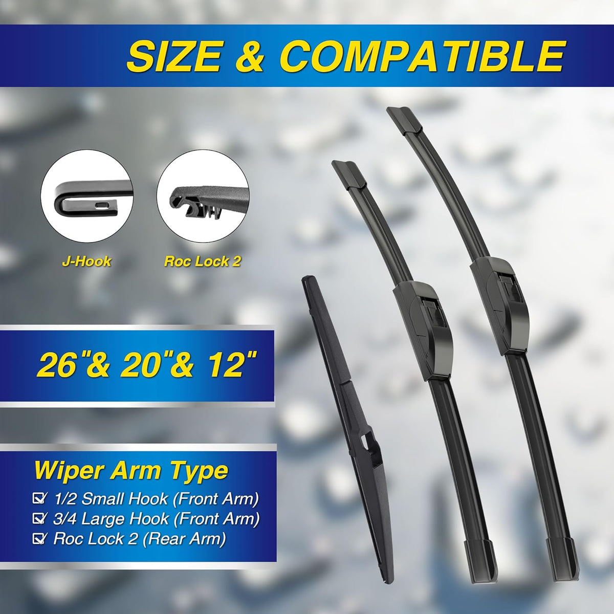 5 PLUS® Silicone Windshield Wipers Replacement for 2019-2024 Toyota RAV4/ 2006-2015 Mazda 5 Wiper Blades(Set of 3), Windshield Wiper Blades For My Car-26"/16"/12" - Colors A