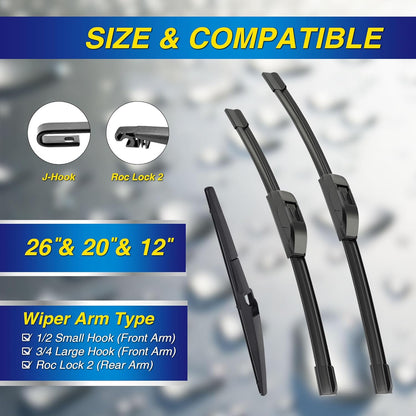 5 PLUS® Silicone Windshield Wipers Replacement for 2019-2024 Toyota RAV4/ 2006-2015 Mazda 5 Wiper Blades(Set of 3), Windshield Wiper Blades For My Car-26"/16"/12" - Colors A