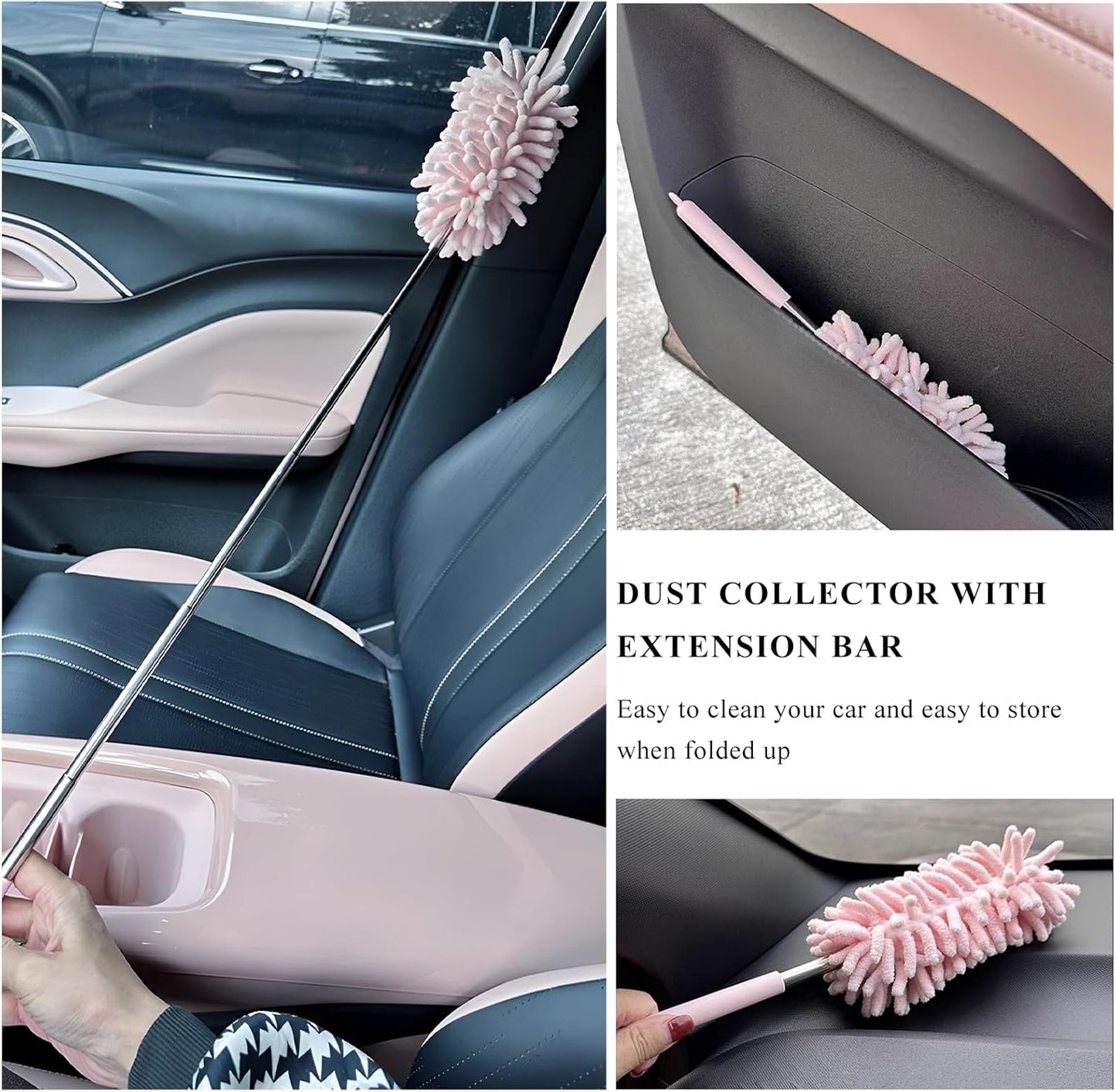 2PCS Car Interior Duster with Extension Pole, 11.8" to 30.5" Retractable Dusters Auto Dash Cleaning Tool, Soft Chenille Hand Washable Dusters for Car Window Furniture Office (Light Pink)