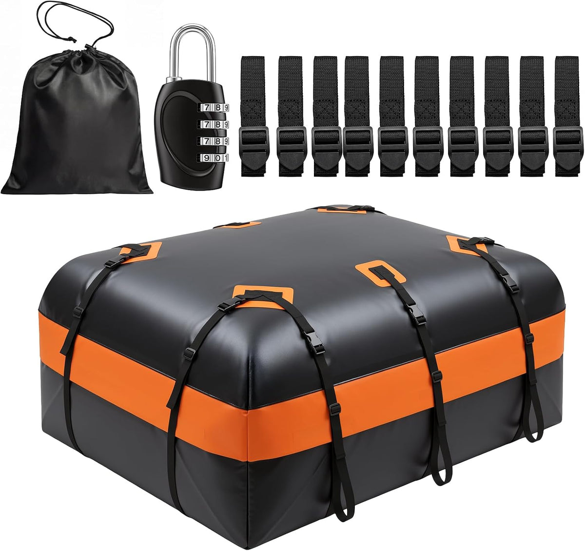 Car Rooftop Cargo Carrier Bag, 15 Cubic Feet Waterproof Heavy Duty Roof Bag with 8 Reinforced Straps & Combination Lock, Soft Shell PVC Car Top Luggage Carrier for SUV Truck RV, Travel Camping Storage