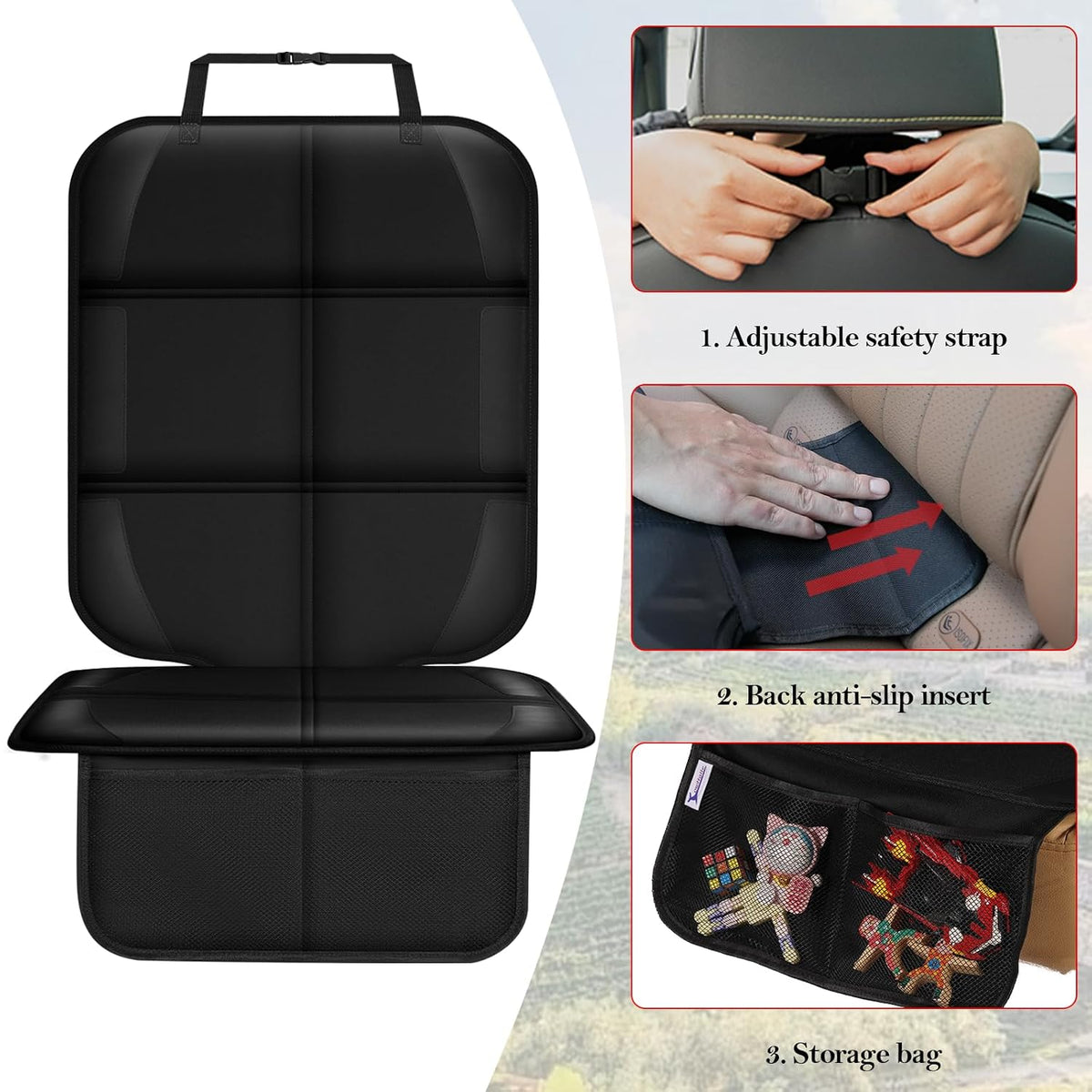 Meolsaek Car Seat Protector for Child Car Seat, Durable 600D Fabric Waterproof Car Seat Cover with Thick Pad Non-Slip Backing，No Imprints (Black 2pcs)