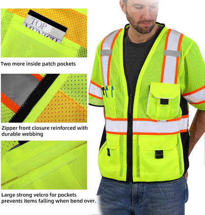 Dib Safety Reflective Mesh Vest ANSI Class 3, High Visibility with Pockets and Zipper, Made with 3M Reflective Tape, Yellow XL