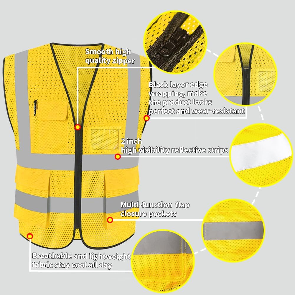 HYCOPROT High Visibility Mesh Safety Reflective Vest with Pockets and Zipper, Meets ANSI/ISEA Standards