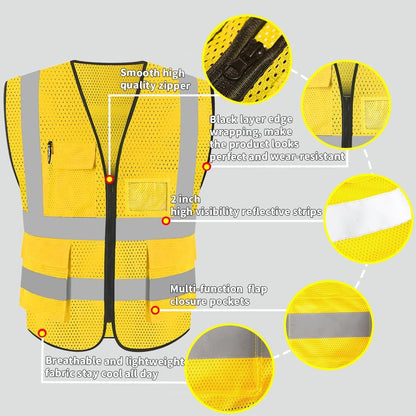HYCOPROT High Visibility Mesh Safety Reflective Vest with Pockets and Zipper, Meets ANSI/ISEA Standards