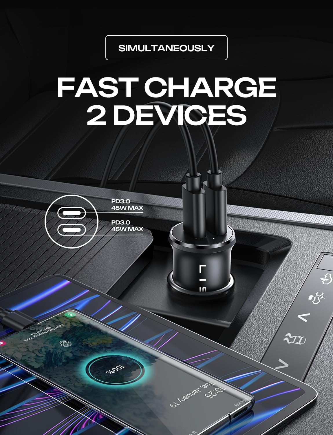 LISEN 90W USB C Car Charger USB C Fast Charge, 45W PD&QC 3.0 Fast Car Charger for iPhone 17 Pro Max 16 15 Pro, Cigarette Lighter USB Charger Adapter for Samsung S26 S25, Android [Metal&Mini] Sockets