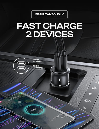 LISEN 90W USB C Car Charger USB C Fast Charge, 45W PD&QC 3.0 Fast Car Charger for iPhone 17 Pro Max 16 15 Pro, Cigarette Lighter USB Charger Adapter for Samsung S26 S25, Android [Metal&Mini] Sockets