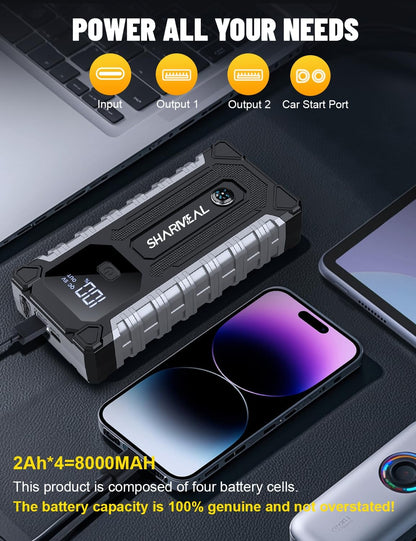 Sharmeal Car Jump Starter 5000A, Jump Starter Battery Pack for 10.0L Gas and 9.0L Diesel, 12V Portable Jump Box with LED Light