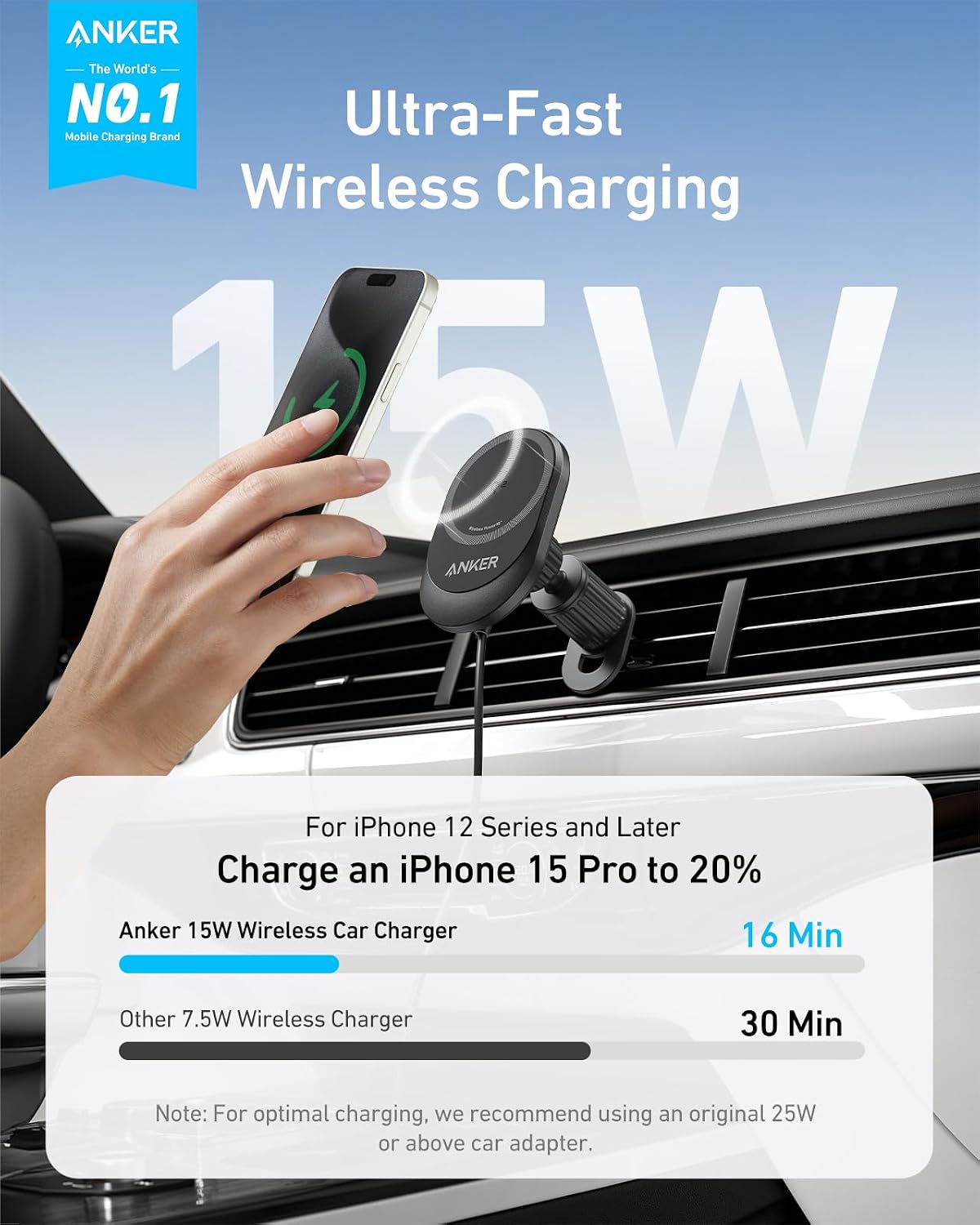 Anker Prime MagSafe Car Mount Charger, Qi2 25W Certified Wireless Car Charger with AirCool, Strong Magnets, Air Vent Mount for iPhone 17-12 Series