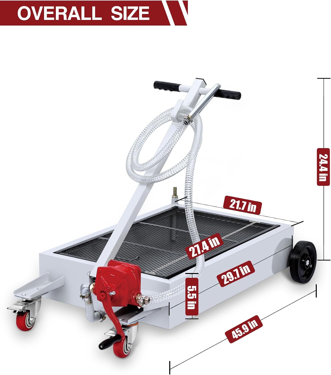 KYBOLT 15 Gallon Oil Drain Pan with Pump & 8 Ft Hose, T Folding Handle & Low Profile Rolling Oil Drain Cart for Truck Cars SUVs, Metal, White
