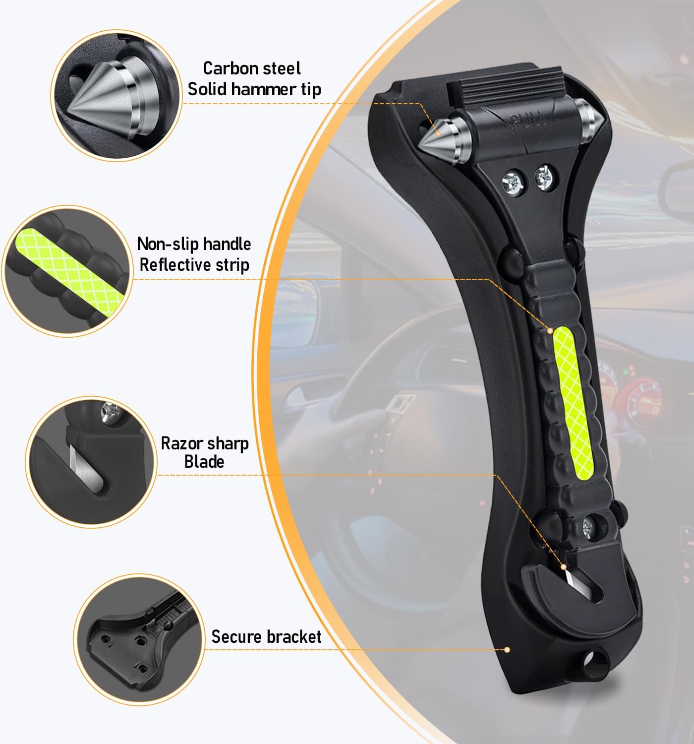 Car Safety Hammer 4 Pack, Car Window Glass Breaker and Seat Belt Cutter Car Emergency Escape Tool with Light Reflective Tape for Family Rescue, Life Saving Survival Kit