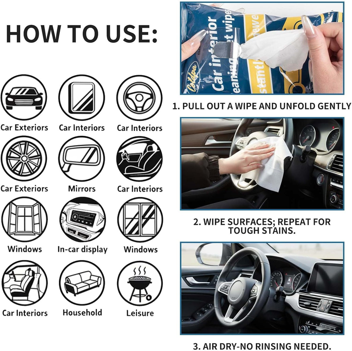 Car Cleaning Wipes, Multipurpose Vehicle Interior Surface Wipes, Soft Disposable Cleaning Cloth for Car Dashboard Seat Door Panel Glass Dust & Stain Removal