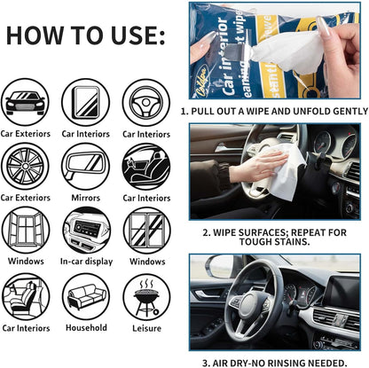 Car Cleaning Wipes, Multipurpose Vehicle Interior Surface Wipes, Soft Disposable Cleaning Cloth for Car Dashboard Seat Door Panel Glass Dust & Stain Removal