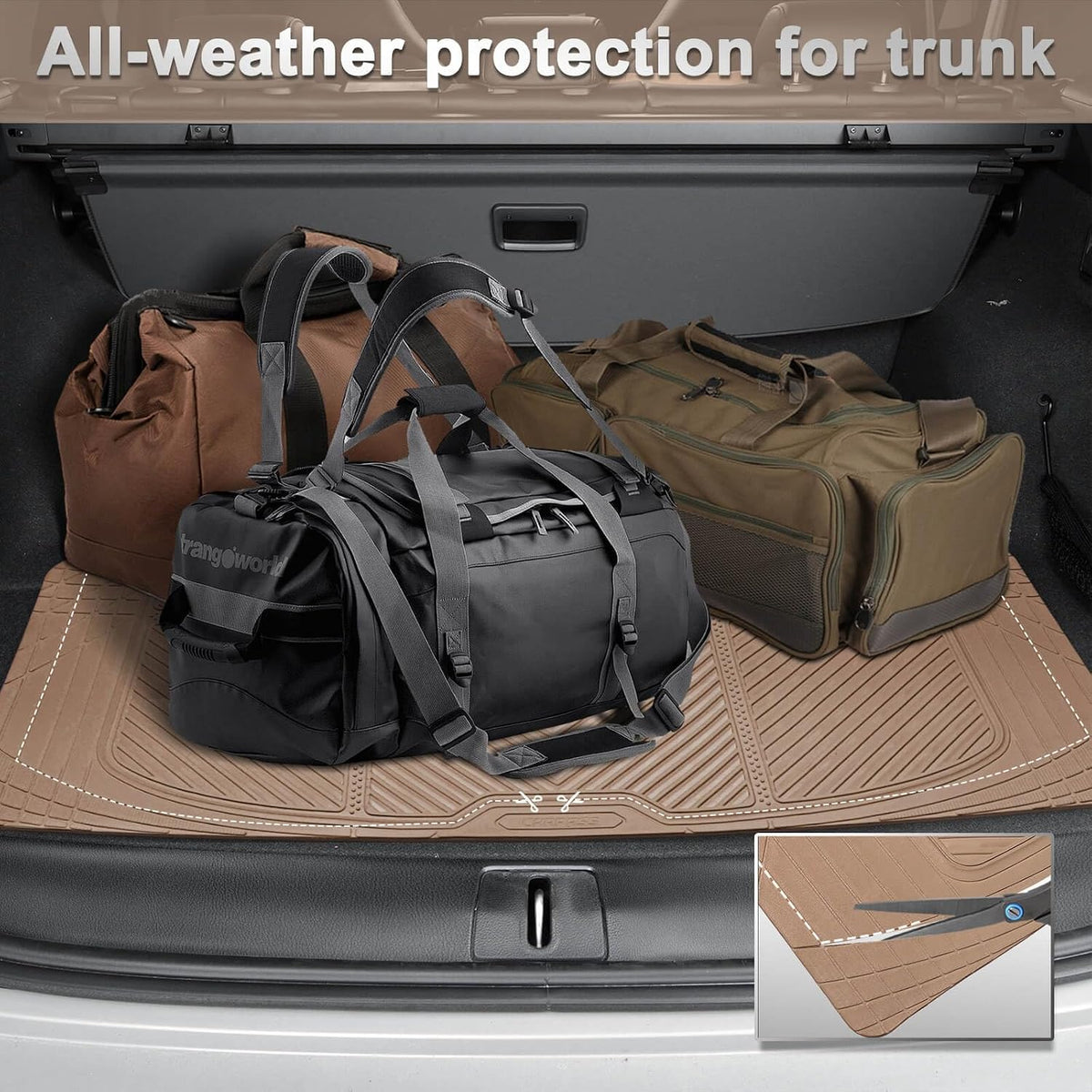 CAR PASS Rubber Floor Mats, All Weather Waterproof Trim-to-Fit Automotive Mats for Cars Trucks SUV, Anti-Slip Easy Clean, Heavy Duty Full Set 3-Piece, All Black