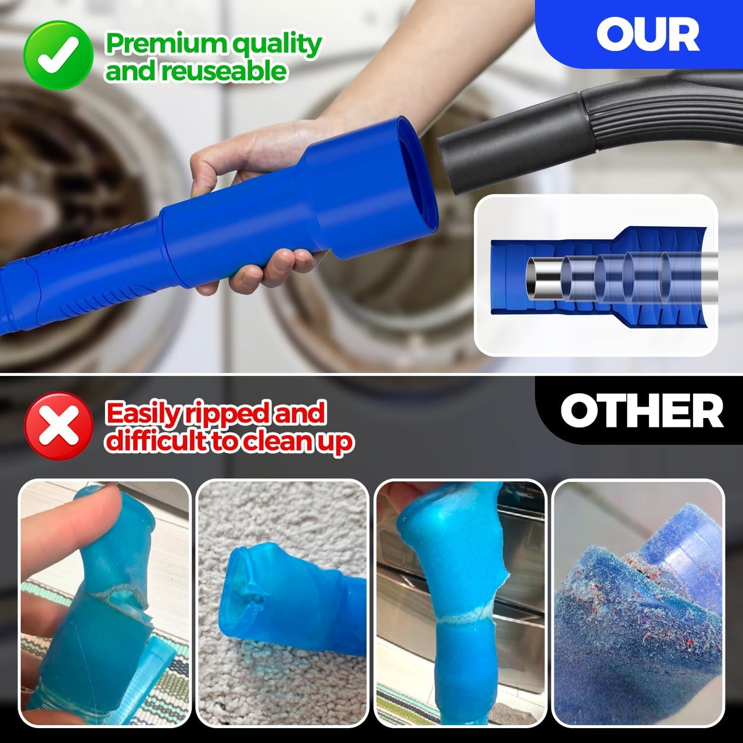 Holikme 2 Pieces Dryer Vent Cleaner Kit, Dryer Lint Vacuum Attachment and Flexible Dryer Lint Brush, Dryer Vent Vacuum Hose Attachment,Blue