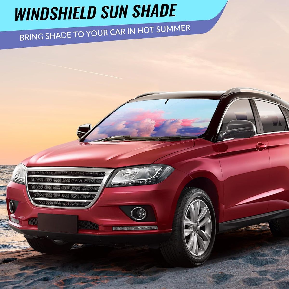 Car Windshield Sun Shade - Reflector Sunshade Offers Ultimate Protection for Car Interior, Cool Reflective Sun Blocker Fits Small Sedans, Mini SUVs