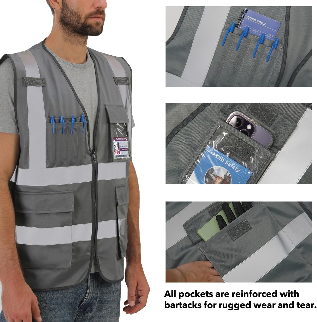 Dib Safety Reflective Safety Vest for Men Women, High Visibility Vest with Pockets and Zipper, ANSI Class 2