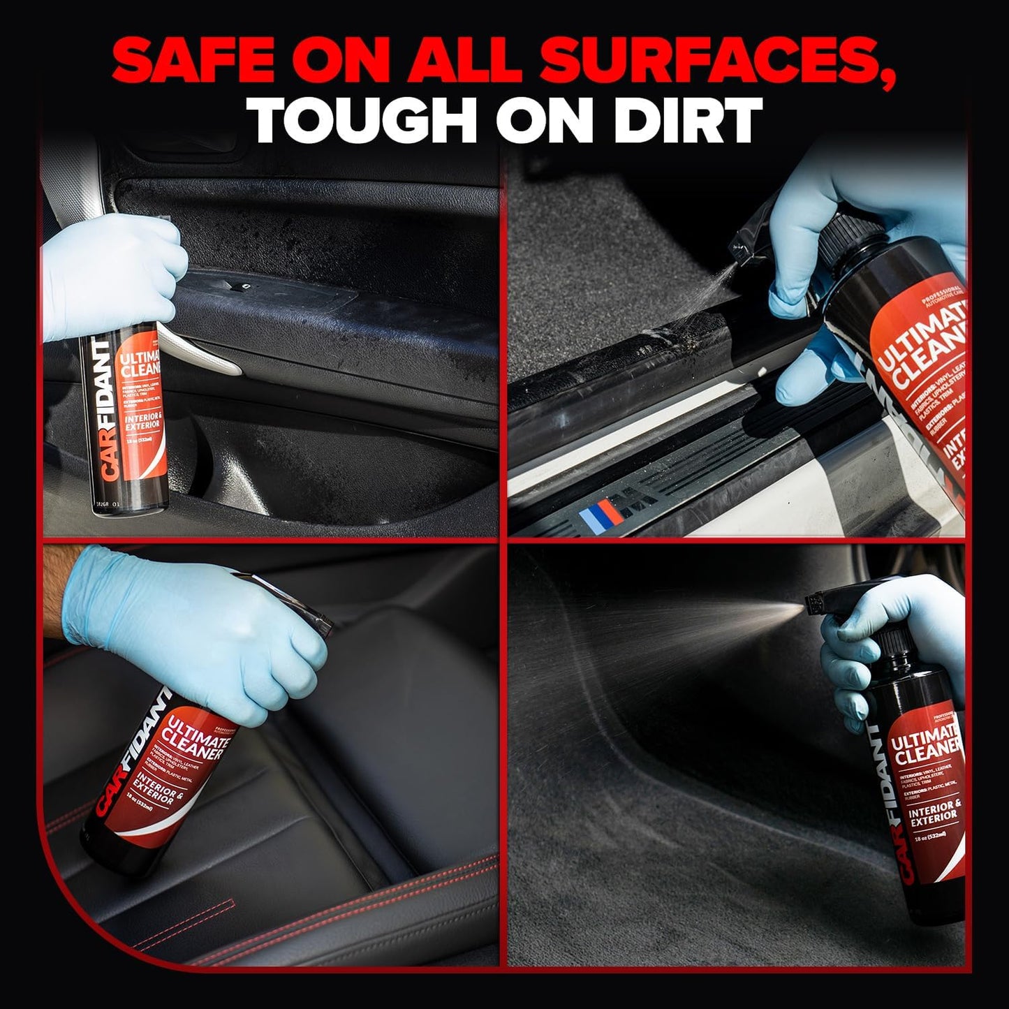 Carfidant Car Interior Cleaner – Stain Remover & Odor Eliminator – No Residue Finish – Safe on Leather, Fabric, Carpet & Plastic – Detailing Spray with Microfiber Towel – 18oz
