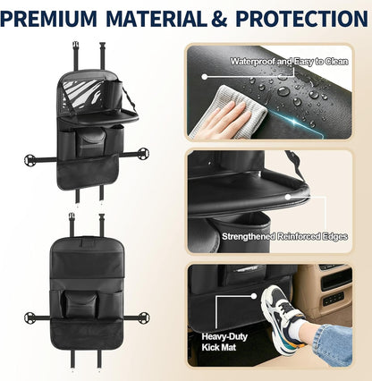 1 Pack Backseat Car Organizer with Foldable Tray Table, PU Leather Seat Back Organizer with Tablet Holder, Large Storage Pockets, Waterproof Kick Mat & Seat Back Protector for Cars, SUVs & Minivans