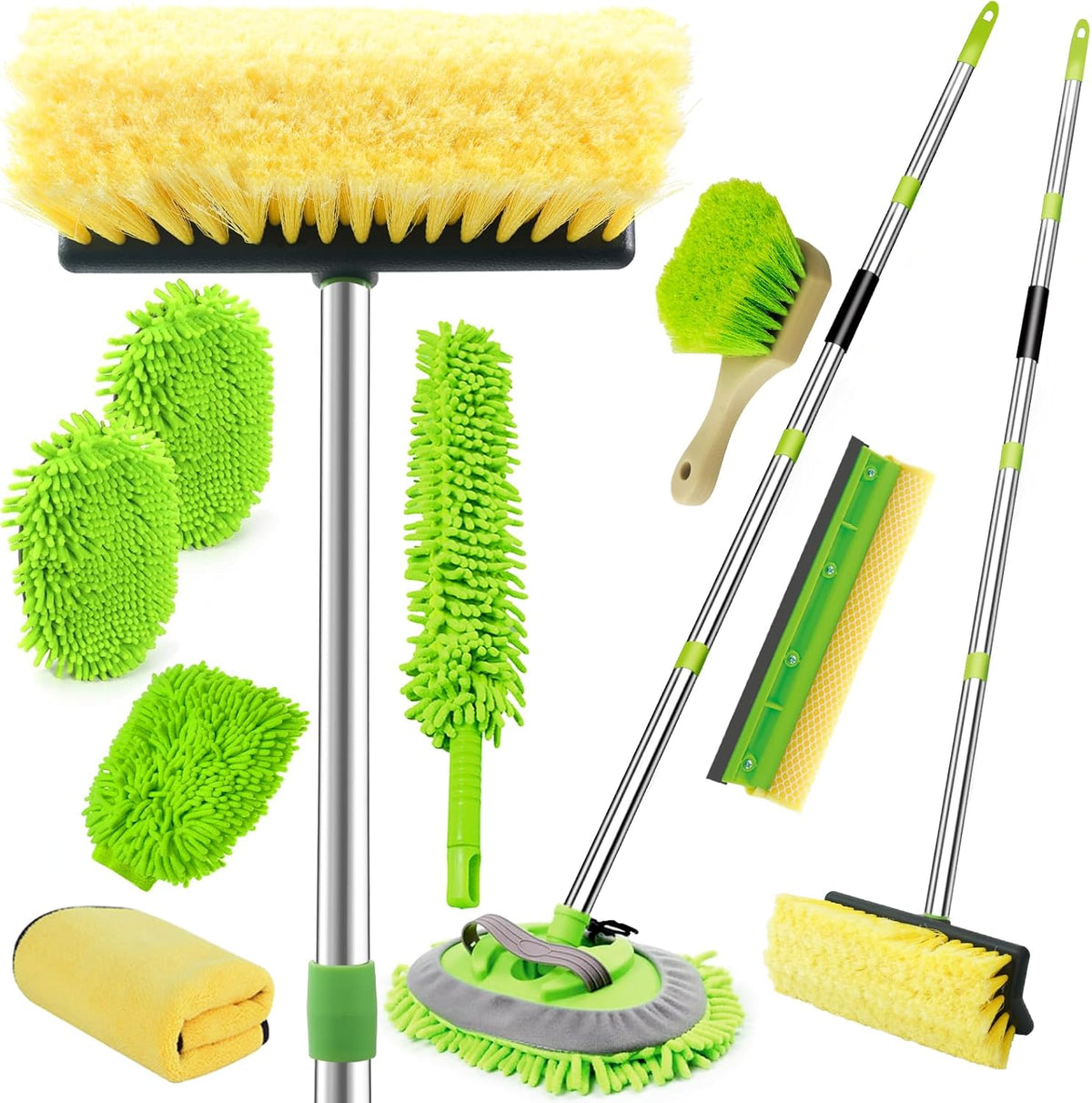 62" Car Wash Brush with Long Handle Chenille Microfiber Car Wash Mop Mitt, Wheel Brush, Windshield Window Squeegee, Car Duster Microfiber Towel, Gloves, for Cleaning Cars, RV, Truck, Boat