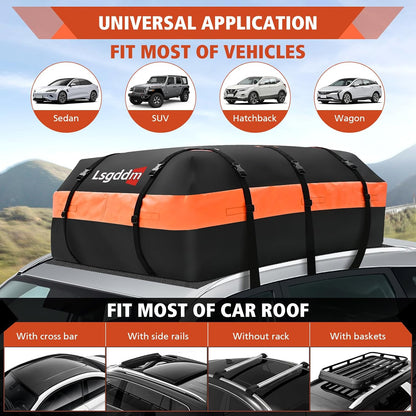 Roof Bag, Waterproof Soft Car Top Carrier Without Rack, 15 Cubic Feet Cargo Carrier for Top of All Vehicles with/Without Rack, Includes Anti-Slip Mat, 4 Door Hooks, Luggage Lock, Storage Bag