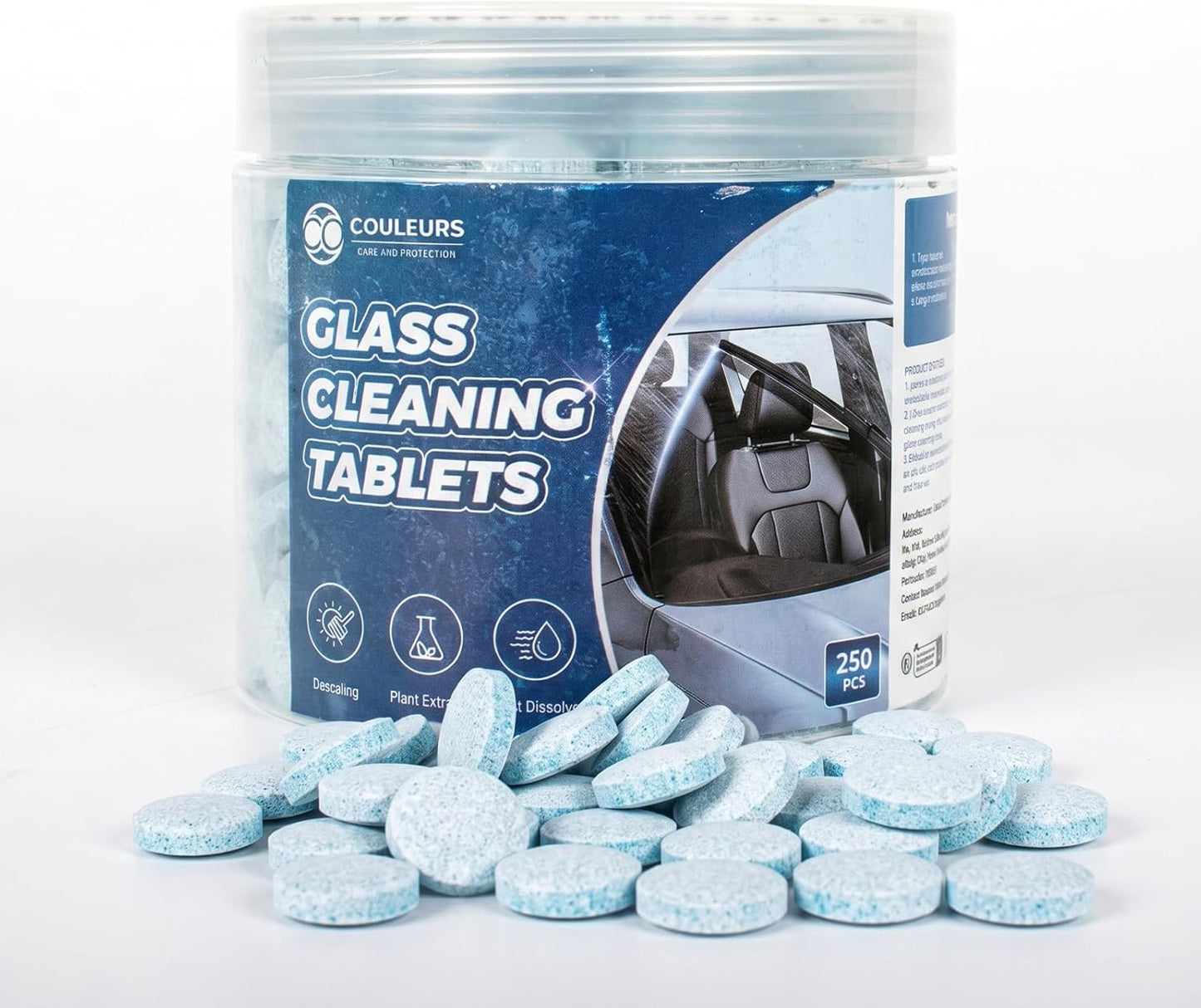 Coldcool Windshield Washer Tablets, 250-Pack Effervescent Car Glass Cleaning Tablets, Streak-Free Windshield Wiper Fluid Concentrate Replacement for All Vehicles