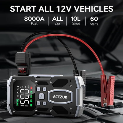 Portable Car Jump Starter with Air Compressor, ACEZUK 160PSI 8000A Jump Starter (All Gas/10.0L Diesel), 12V Battery Jump Box Car Battery Jumper Starter with 3.4" LCD Display, 2 Lights