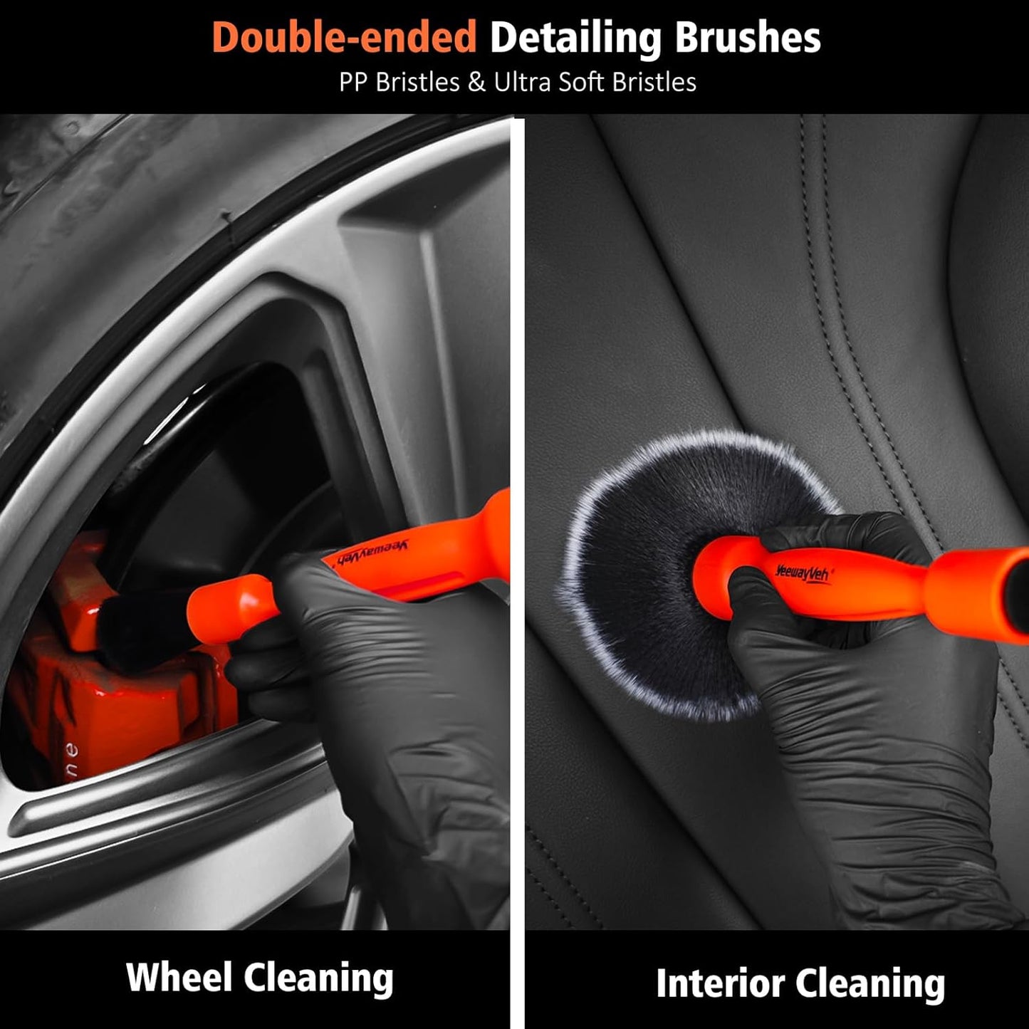 YeewayVeh 3PCS Quick Car Wheel Brush Kit, 2-Size 360° Bendale Rim Cleaner Brushes, Boars Hair Detailing Brush, Fast Scratch-Free Cleaning for Car Wheels, Motorcycle, Orange